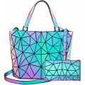 LOVEVOOK Geometrische Taschen 2pcs Damen Handtasche Faltbare Geldbörse Set Holographic Purse Leuchtende Brieftasche Shopper Koffer Rucksäcke & Taschen