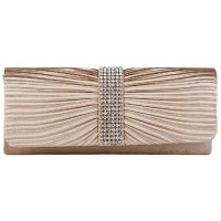 Eleoption Damen-Handtasche aus Satin Clutch-Handtasche plissiert mit Strasssteinen bestückter Bügel für Hochzeit oder Abschlussball Gold - champagnerfarben - Größe X-Large Schuhe & Handtaschen