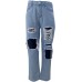 Isshops Damen Knopf High Waist Taschenhose Elastic Hole Jeans Freizeithose Loose Denim Hose Streetwear Bekleidung
