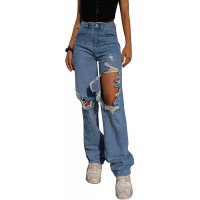 Trieskull Frauen Mit Hoher Taille Hosen Breites Bein Denim Jeans Gerade Lässige Baggy Hosen Mode E-Mädchen Streetwear Bekleidung