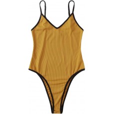 Floerns Women's Casual Rib Knit Spaghetti Strap V Neck Cami Bodysuit Jumpsuit Yellow XL Bekleidung