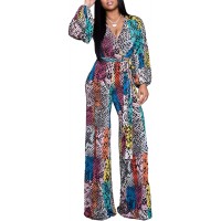LightlyKiss Women Casual Sexy V Neck Jumpsuits Long Sleeve Loose Pants Party Clubwear with Belt Multicolor Bekleidung