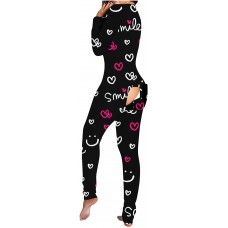 Overall Damen Drucken Schlafanzug Jumpsuit Sexy Butt Button Back Flap Pyjama Onesie Einteiler Pyjama Schlafanzug Trainingsanzug Hausanzug S-3XL Bekleidung