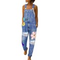 OEAK Damen Jeanslatzhose Latzhose Jeans Hose Vintage Loose fit Jumpsuit Overall Blumen-Drucken Denim Playsuit Romper Bekleidung