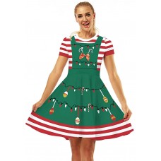 BOLANQ Frauen Schneemann Print Kleid Weihnachten rot 1950er Jahre gestreiften Kurzarm Print Vintage Kostüm Swing Party Kleid Bekleidung