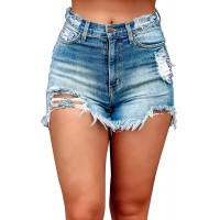 CORAFRITZ Damen Jeans Shorts mit hoher Taille ausgefranster Saum gerissener Jeans-Shorts für Frauen Gr. S himmelblau Bekleidung