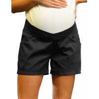 Damen Umstandsshorts mit tiefer Taille elastischer Taille Sommer-Shorts mit Taschen - Schwarz - Small Bekleidung