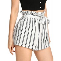 SweatyRocks Damen-Shorts leger elastische Taille gestreifte Sommer- Strandshorts mit Taschen Bekleidung
