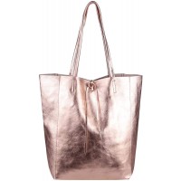 OBC Made in Italy Damen Leder Tasche DIN-A4 Shopper Schultertasche Henkeltasche Tote Bag Metallic Handtasche Umhängetasche Beuteltasche Rosa-Metallic Schuhe & Handtaschen