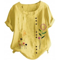 TAMALLU Damen Leinen T-Shirt Blumen Print Freizeit Urlaub Bluse Bekleidung