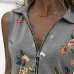 Damen Mit Reißverschluss V-Ausschnitt Tank Top Stilvoll Blumen Printing Tops für Frauen Casual Revers Blusen Elegante Schlanker Klassisch Shirt Bekleidung