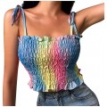 Damen Tank Top Damen Sommer Spaghettiträger Regenbogen Plissee Crop Tops Frauen Y2K Shirts Streetwear Bekleidung