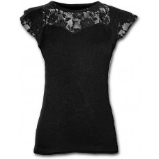 Spiral Damen Gothic Elegance - Lace Layered Cap Sleeve Top Black T-Shirt Bekleidung