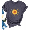 Dresswel Damen Mondzyklus Mondphasen Raum T-Shirt Kurzarm mit Rundhalsausschnitt Tee Sonnenblume Drucken Basic Shirt Sommer Oberteile Bekleidung