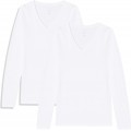 -Marke MERAKI Damen Langärmeliges T-Shirt mit V-Ausschnitt 2er Pack Weiß White White 44 Label XXL Bekleidung