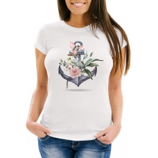 Neverless® Damen T-Shirt Anker Blumen Watercolor Slim Fit Bekleidung