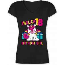Shirtracer - Geburtstag - Endlich 18 Birthday Girl mit Einhorn - Damen T-Shirt mit V-Ausschnitt Shirtracer Bekleidung