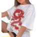Stil Damen Kurzarm Ukiyo-e T-Shirt Traditionelle chinesische Drache Rundhals Casual Loose Top Mittellange Bluse Bekleidung