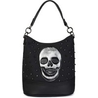 styleBREAKER Damen Hobo Bag Handtasche mit Totenkopf und Nieten Shopper Schultertasche Tasche 02012264 FarbeSchwarz Schuhe & Handtaschen